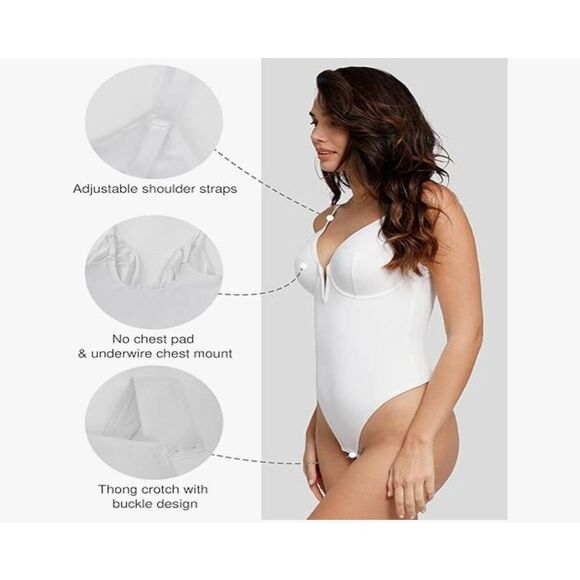 Popilush Size M White Bodysuit Tummy Control Shapewear Body Shaper Deep V Corset - Picture 5 of 8